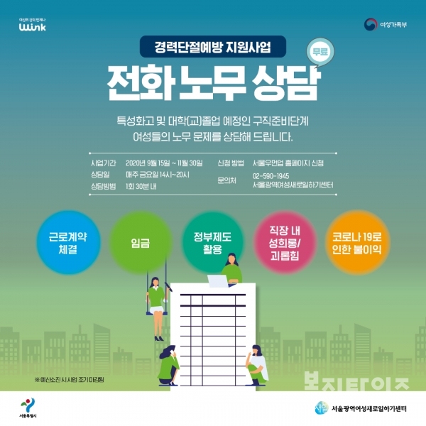 서울광역여성새로일하기센터의 청년 여성의 직장 문제 해결을 위한 노무상담 안내 포스터