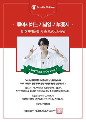 제이홉 생일 기념 홉온더월드 약 1200만원 모금, 난민아동 의료비 지원